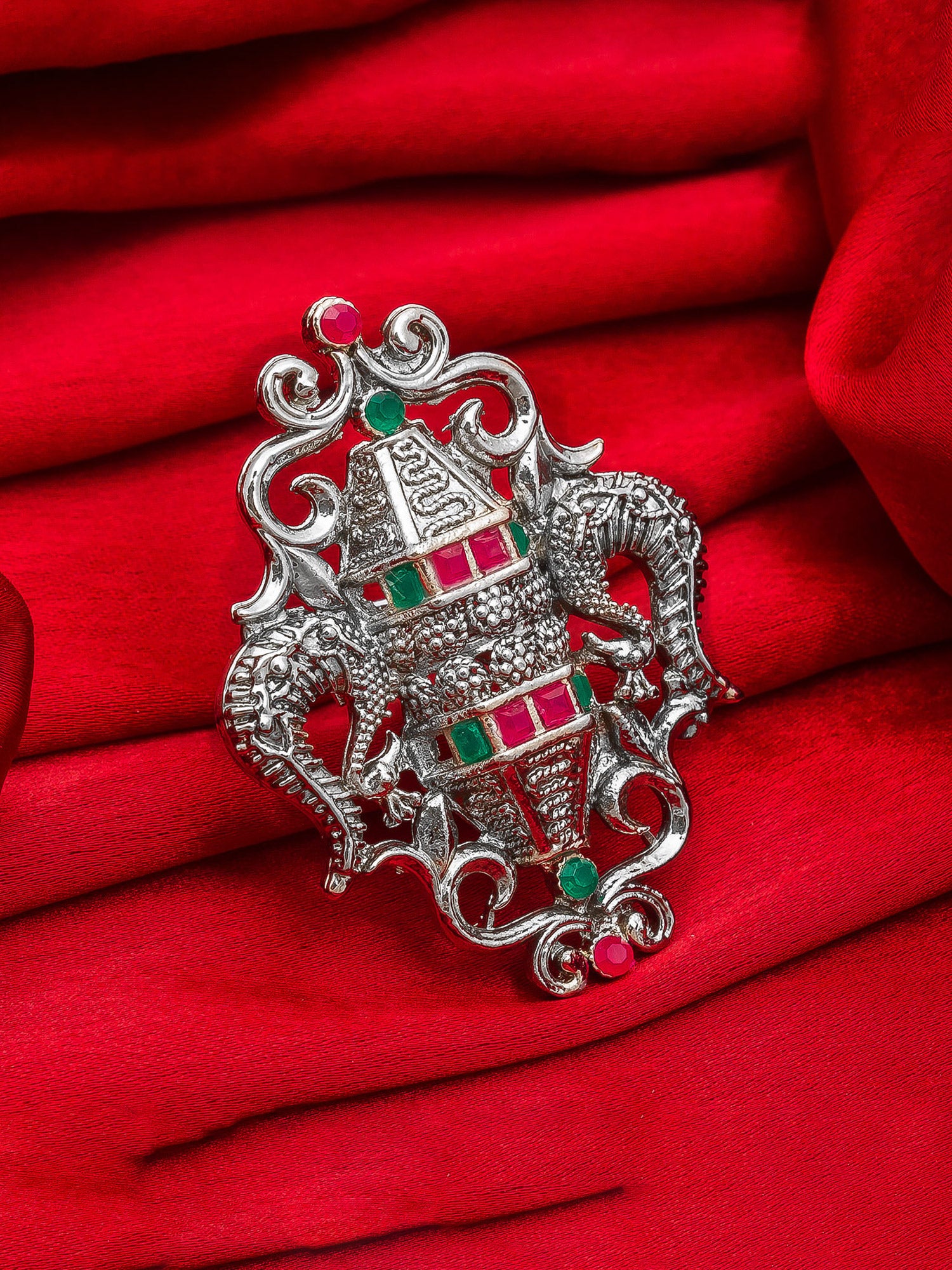 Aadita Oxidized Trisul Motif Statement Ring with Red and Green Stones