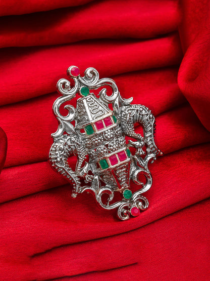 Aadita Oxidized Trisul Motif Statement Ring with Red and Green Stones